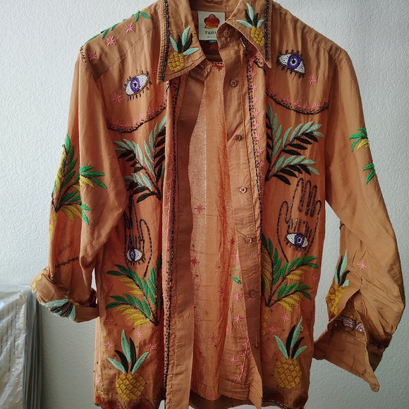FARM RIO Mystic Embroidered + Beaded Button-Up Shirt Small - Picture 2 of 10